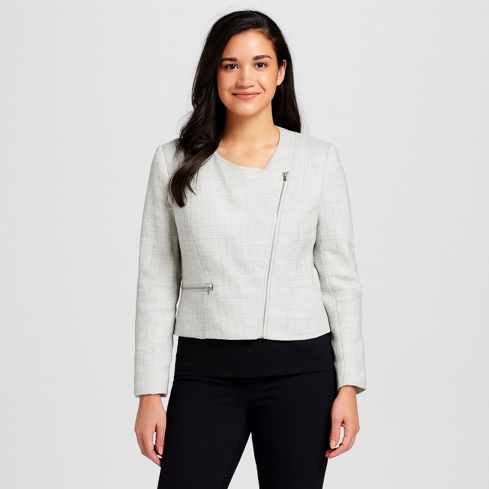 H&M Winter White Silver Sparkle Tweed Style Moto Jacket Size 12 (NWOT)